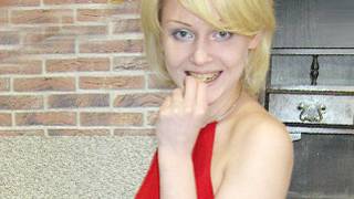 Short haired blonde nasty hooker looks very cute and passionate here