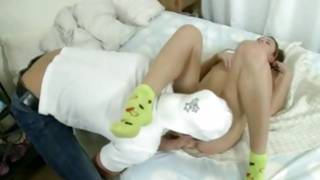 Hotie budding lying on bed owned by a doctor and by a sexually weird gentleman raw